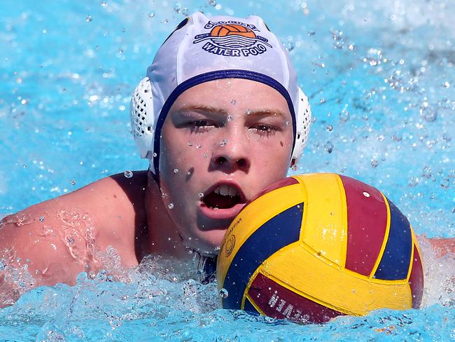 Queensland State Water Polo titles at the Gold Coast Aquatic Centre. Under 16 boys between Gold Coast (white caps) and Warriors.Photo of Alexander Doherty.2 April 2023 Southport Picture by Richard Gosling