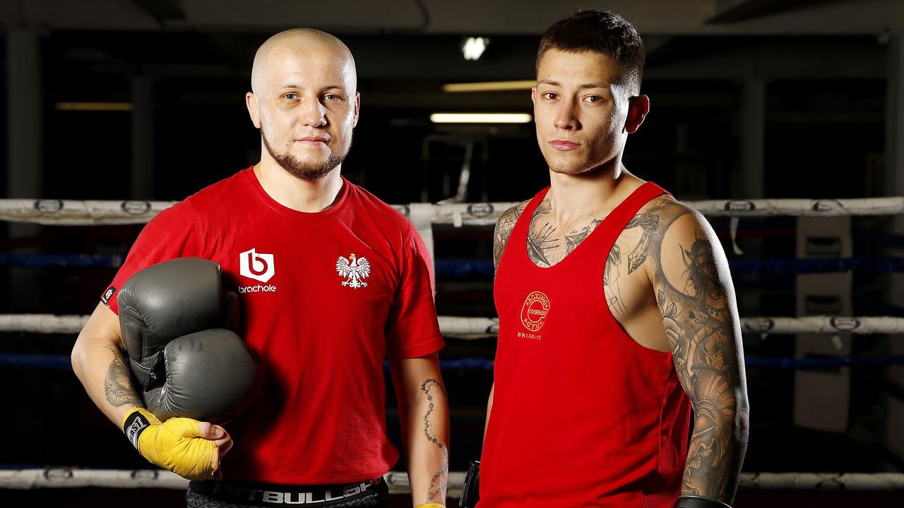 Brisbane boxer Liam Paro (right) with Polish sparring partner Rafal Grabowski. Picture: AAP