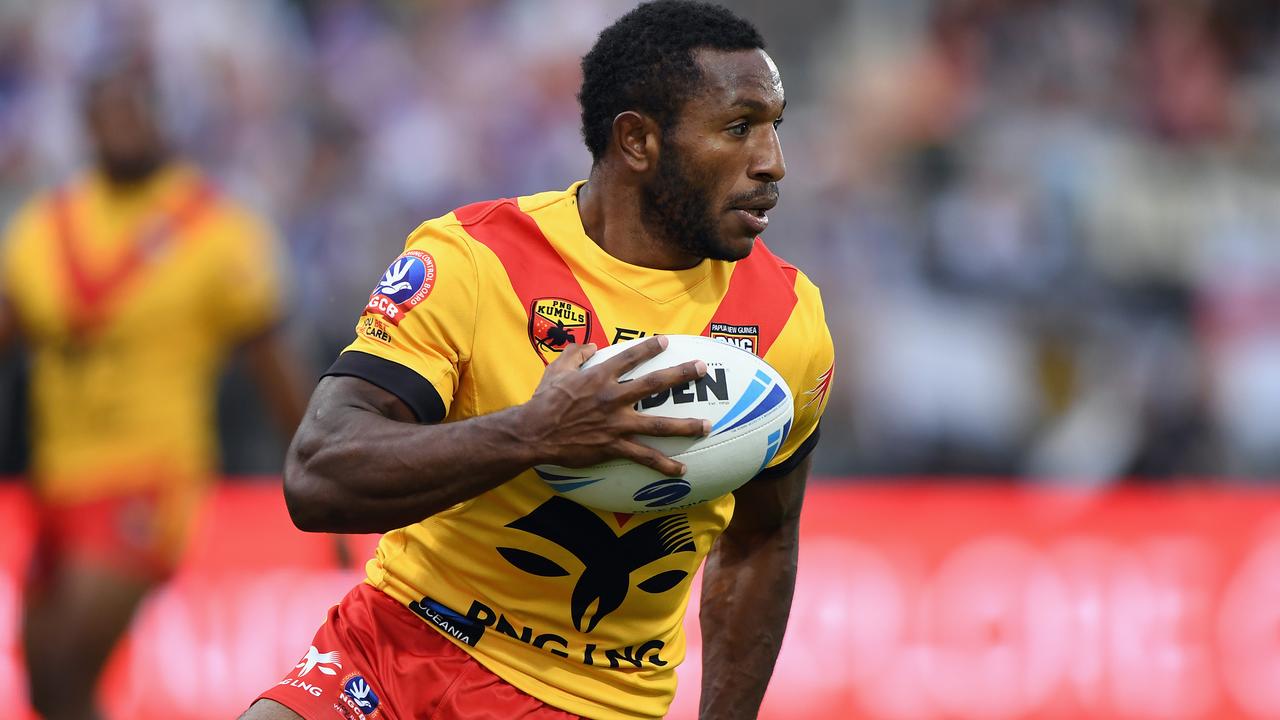 CHRISTCHURCH, NEW ZEALAND - NOVEMBER 09: Edwin Ipape of Papua New Guinea charges forward during the Rugby League Test match between Fiji Bati and Papua New Guinea Kumuls at Orangetheory Stadium on November 09, 2019 in Christchurch, New Zealand. (Photo by Kai Schwoerer/Getty Images)