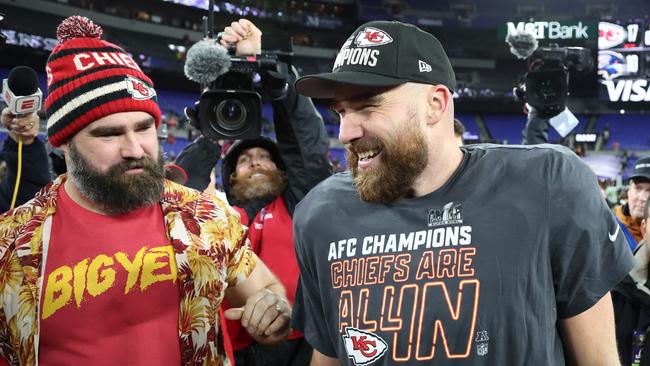 Brother Travis Kelce (right) has won three rings to date, none of which have gone missing. (Photo by Rob Carr/Getty Images)