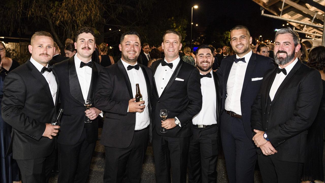 At the LifeFlight Toowoomba Gala are (from left) Luke Nerdal, Tom Beh, Tynan Rakei, Luke Allman, Arman Danesh, Dominic Rakei and Michael White at The Goods Shed, Saturday, May 24, 2025. Picture: Kevin Farmer