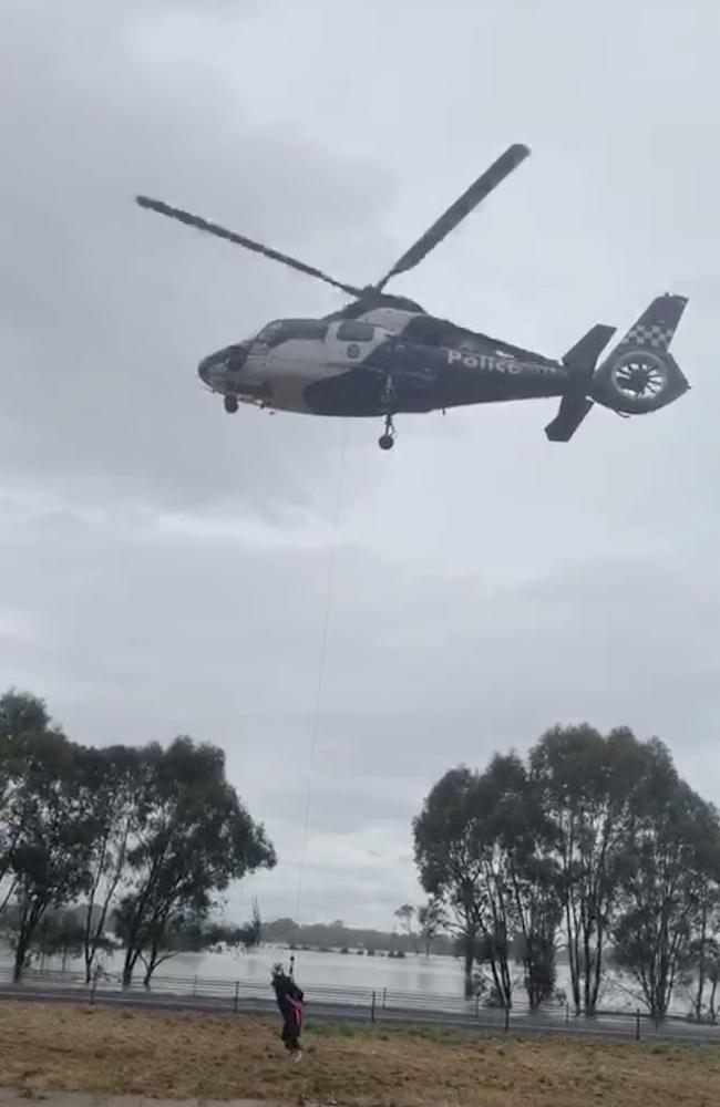 Destiny McPhail from Wangaratta being airlifted off a her family's truck on the Hume Freeway near Wangaratta. Picture: Taylor McPhail.