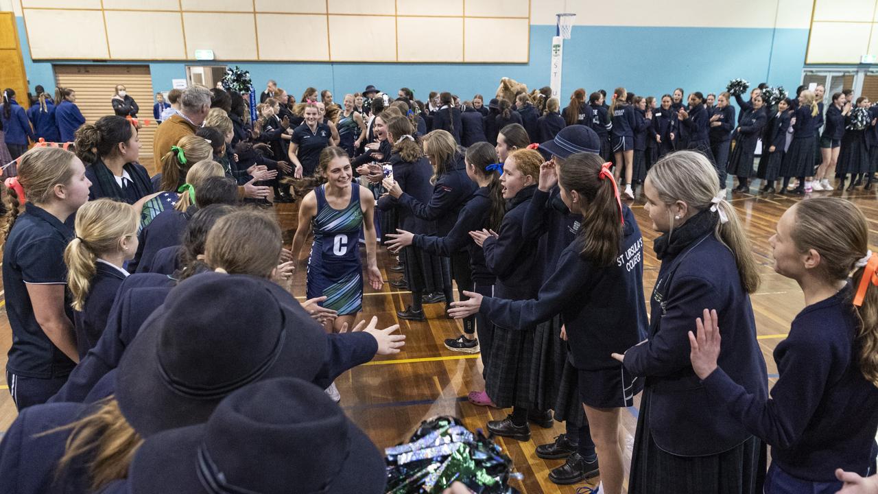 St Ursula's Senior A run out to face Downlands First VII in Merici-Chevalier Cup netball at Salo Centre, Friday, July 19, 2024. Picture: Kevin Farmer