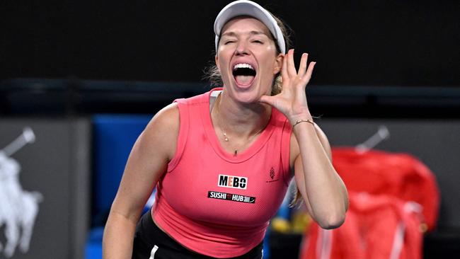 Collins laps up the jeers from the Melbourne Park crowd during her win over Australia's Destanee Aiava on Thursday night. Photo: AFP