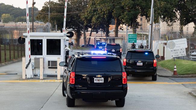 The Trump motorcade arrives at Atlanta’s Fulton County Jail on Thursday. Picture: AFP