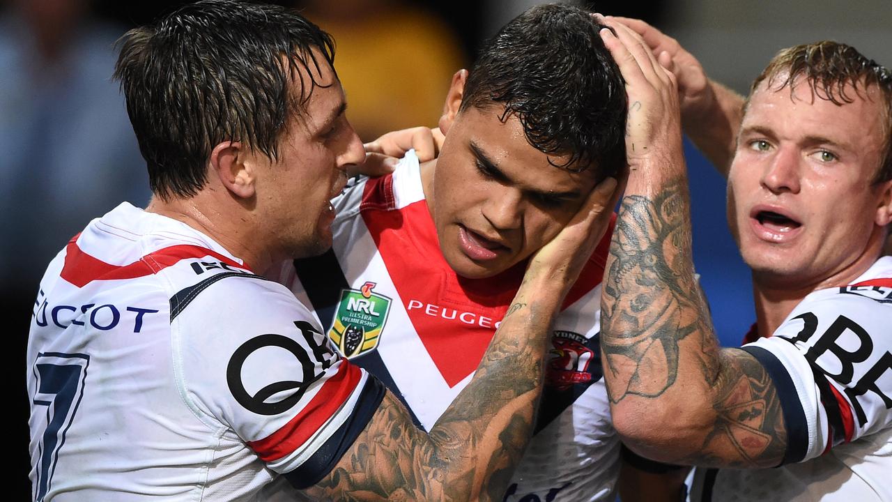 Mitchell Pearce and Latrell Mitchell were teammates at the Roosters. Picture: AAP Image/Dave Hunt