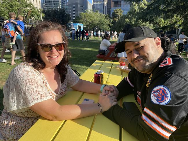 Rachel and Antonio at Flagstaff Gardens in the Melbourne CBD for the 2024 New Year's Eve fireworks. Picture: Himangi Singh