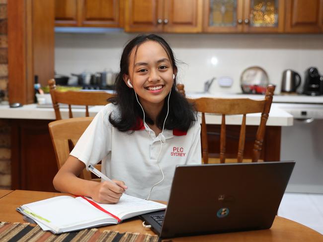 Year 10 student, Talei Chang, studying at home in Croydon, Sydney. Picture: Brett Costello