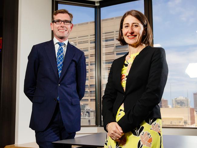 Gladys Berejiklian and prospective deputy Dominic Perrottet in her office in Martin Place. Picture: Jonathan Ng