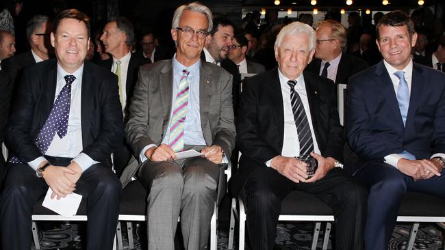 Steve McCann, David Gallop, Frank Lowy, who was recognised for his contribution to Sydney and Mike Baird. Picture: Christian Gilles