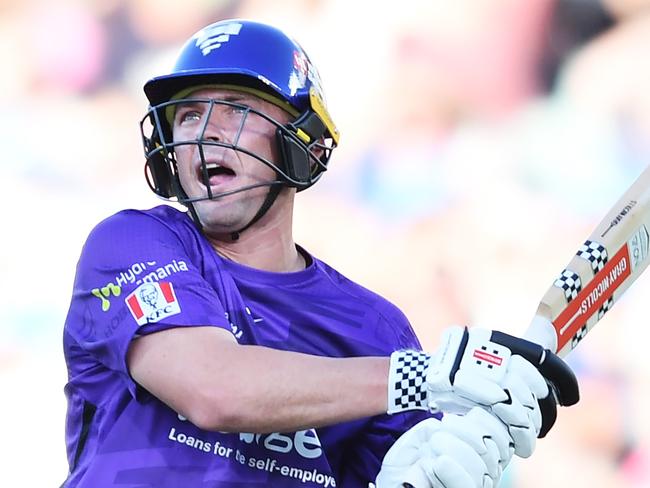 ADELAIDE, AUSTRALIA - JANUARY 05:  Ben McDermott of the Hurricanes hits six during the Men's Big Bash League match between the Adelaide Strikers and the Hobart Hurricanes at Adelaide Oval, on January 05, 2023, in Adelaide, Australia. (Photo by Mark Brake/Getty Images)