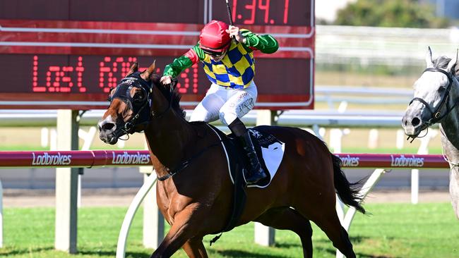 Bailey Wheeler wins the Doomben Mile aboard Tidal Creek winning at Doomben last year. Picture: Grant Peters/Trackside Photography