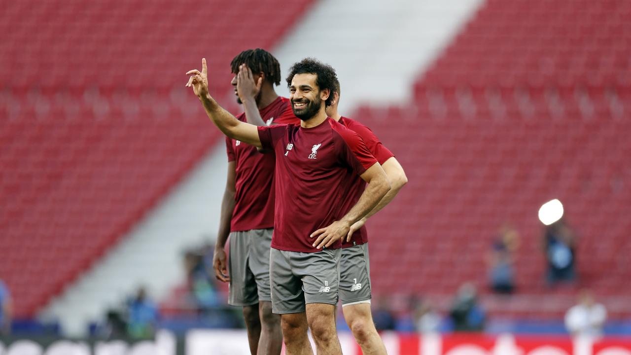 Liverpool forward Mohamed Salah gestures during a training session at the Wanda Metropolitano stadium in Madrid, Friday May 31, 2019. English Premier League teams Liverpool and Tottenham Hotspur are preparing for the Champions League final which takes place in Madrid on Saturday night. (AP Photo/Bernat Armangue)