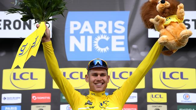 Plapp celebrates during the 82nd Paris-Nice 2024, Stage 5 a 193.5km stage from Saint-Sauveur-de-Montagut to Sisteron on March 07, 2024. Picture: Alex Broadway/Getty Images