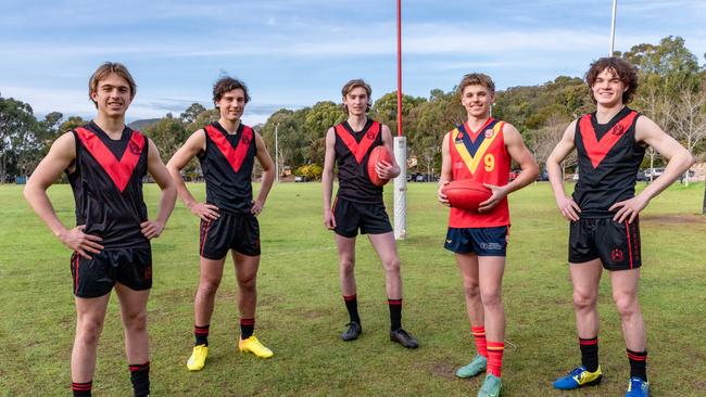 Rostrevor football products Tyson Walls, Jayden Gale, Max Michalanney, Hugh Jackson and Alastair Lord look set to make their mark in the AFL for years to come. Picture: Laura Syme