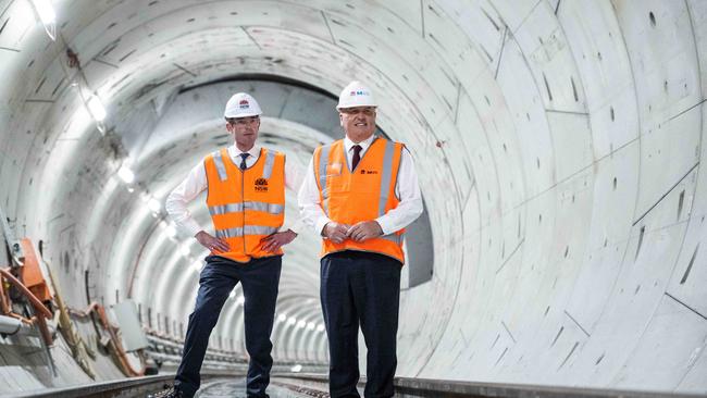 NSW Premier Dominic Perrottet and NSW Transport Minister David Elliott on a tour of a tunnel section of the Sydney Metro West Hunter Street Station Project, Sydney. Picture: NCA NewsWire / James Gourley