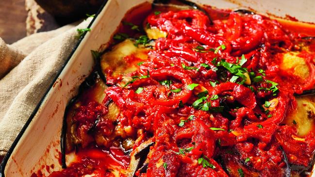 Layered eggplant and tomatoes. Picture: Guy Bailey.