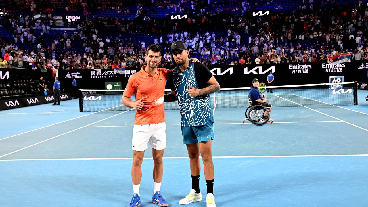 Novak Djokovic and Nick Kyrgios at this month’s charity, exhibition event in Melbourne. Photo by WILLIAM WEST / AFP.