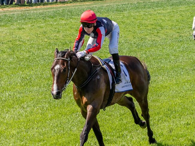 Air Assault (left) comes away for a dominant win in the Listed Hill Smith Stakes at Morphettville. Picture: Makoto Kaneko