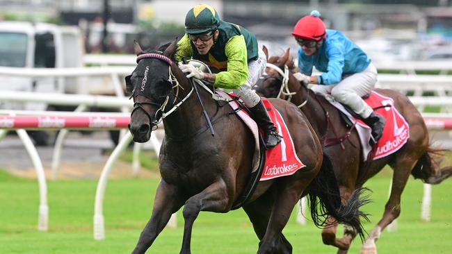 Beau Dazzler underlines his 2025 Group 1 Queensland Derby potential by scoring the Group 3 Grand Prix Stakes at Eagle Farm. Picture: Grant Peters, Trackside Photography.