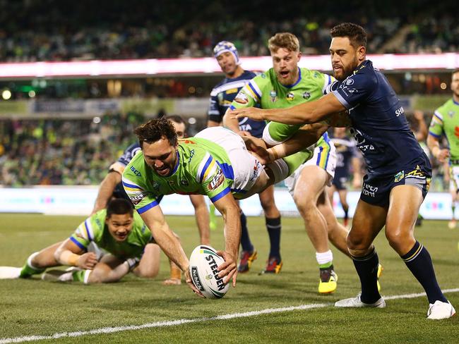 The high flying, try scoring, Jordan Rapana is back for the Raiders. Picture: Getty Images