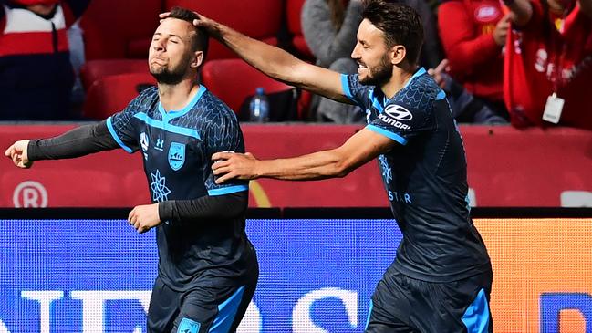 Adam Le Fondre and Ninkovic celebrate Sydney FC’s second goal against Adelaide last week. Picture: Mark Brake/Getty Images