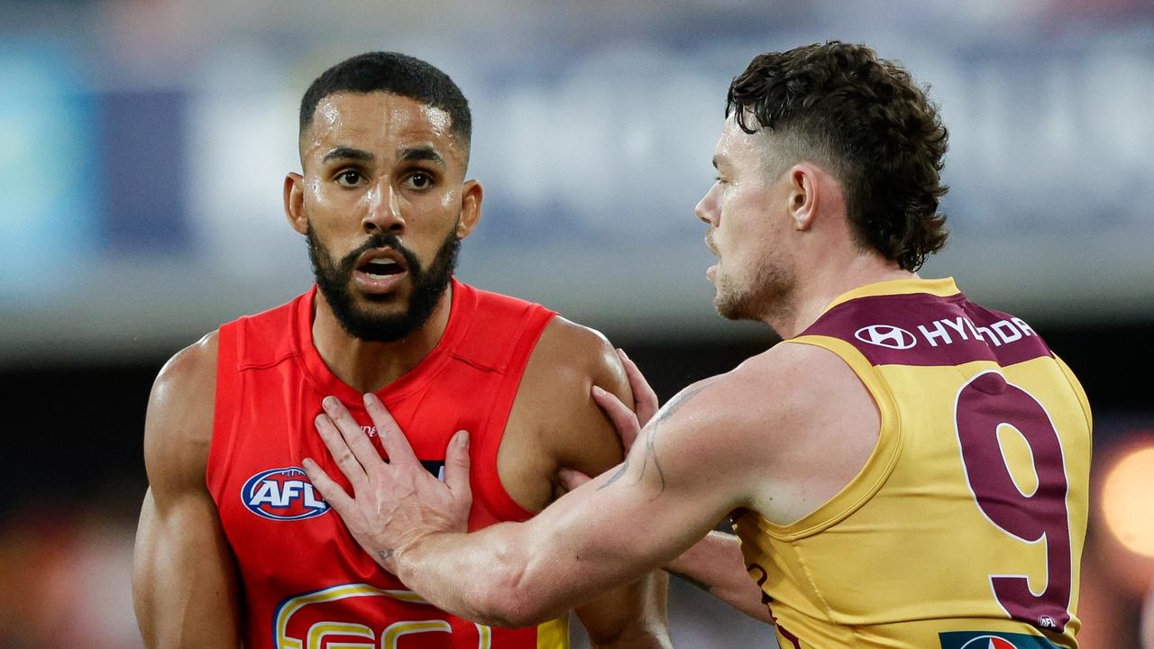 Touk Miller gave Lachie Neale plenty of attention. Picture: Russell Freeman/AFL Photos via Getty Images.