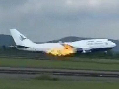 ONE TIME WEB USE FOR NEWS.COM.AU ONLY - FEES APPLY -  Story from Jam Press (Plane In Flames)   Pictured: The plane in flames during takeoff.  VIDEO: Horror as flames leap out of engine as plane takes off  A plane had to turn back after flames were spotted leaping from the engine during takeoff.  Frightening footage shows a streak of orange flames shooting out of the engine just as the plane takes to the air.  The Garuda Indonesia flight was carrying 468 passengers at the time.  The plane took off from Makassar, Indonesia, bound for Medina in Saudi Arabia.  The Boeing 747-400 aircraft numbered 1105 had 18 crew members and 450 passengers, many of whom were due to take part in the Hajj annual pilgrimage in Mecca.  The aircraft immediately returned to the airport after Ã¢â¬Åfire was observed in one of the enginesÃ¢â¬Â, a Garuda Indonesia spokesperson said.  The plane returned to the Sultan Hasanuddin International Airport at around 5.15pm on 15 May.  No one on board was injured.  Garuda Indonesia president, Irfan Setiaputra said in a statement: Ã¢â¬ÅThe captain discovered that one of the engines was on fire and immediately decided that further inspection was necessary to determine whether the engine was faulty.  Ã¢â¬ÅThe decision was made immediately after the aircraft took off.Ã¢â¬Â  The airline said they provided accommodation for the affected passengers.  Travellers had to take alternative flights to Saudi Arabia later the same day.  Meanwhile, the plane has been kept grounded at the airport while safety inspections are carried out, as reported by What's the Jam.  ENDS  EDITORÃ¢â¬â¢S NOTE: Usage Licence: (SOCIAL AND LOCAL MEDIA) We have obtained this material from a verified account on social media platforms and it has been widely used in local news media on a similar report without problems.  Usage Restrictions: Jam Press accepts all responsibility for use on news media portals only, usage on social media platforms like Facebook and YouTube is not guaranteed.