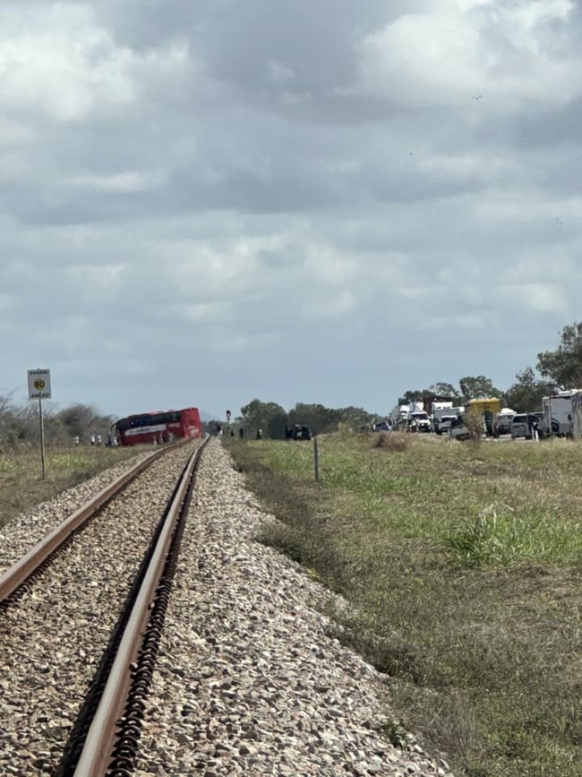 Photos posted on social media from the scene of a horror Greyhound bus crash on the Bruce Highway between Bowen and Townsville.