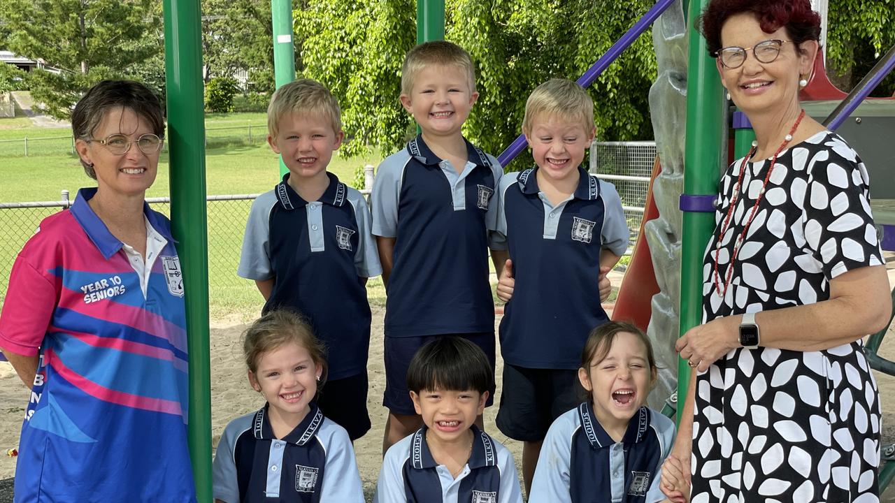 Kilkivan State School (P-10) (back from left) Jaxon Heeb, Chase Smith, Joey Hill, (front from left) Montana Ryan, Johnie, Annacey-Rose Grott, and teachers Chantelle Lewis (Ms Channy) (left) and Julia Black. Gympie My First Year.