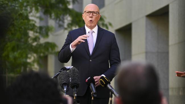 Peter Dutton holds a press conference at Parliament House. Picture: Martin Ollman/NewsWire