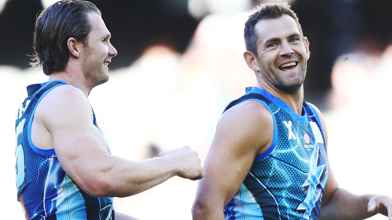 MELBOURNE, AUSTRALIA - FEBRUARY 22: Patrick Dangerfield (L) and Luke Hodge of the Bolts team react in the warm upduring the 2019 AFLX at Marvel Stadium on February 22, 2019 in Melbourne, Australia. (Photo by Michael Dodge/Getty Images)