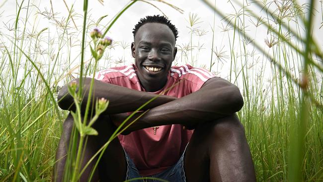 Teenage sprint running star Gout Gout, who has smashed a number of records in competition, near his home in Spring Mountain, Brisbane. Picture: Lyndon Mechielsen