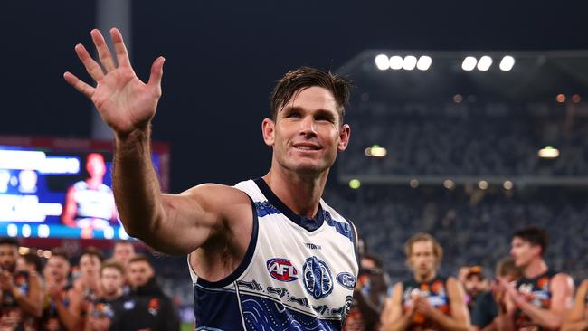 Tom Hawkins became the Cats’ new games record holder following the Round 11 loss to the Giants at GMHBA Stadium. Picture: Graham Denholm/Getty Images.