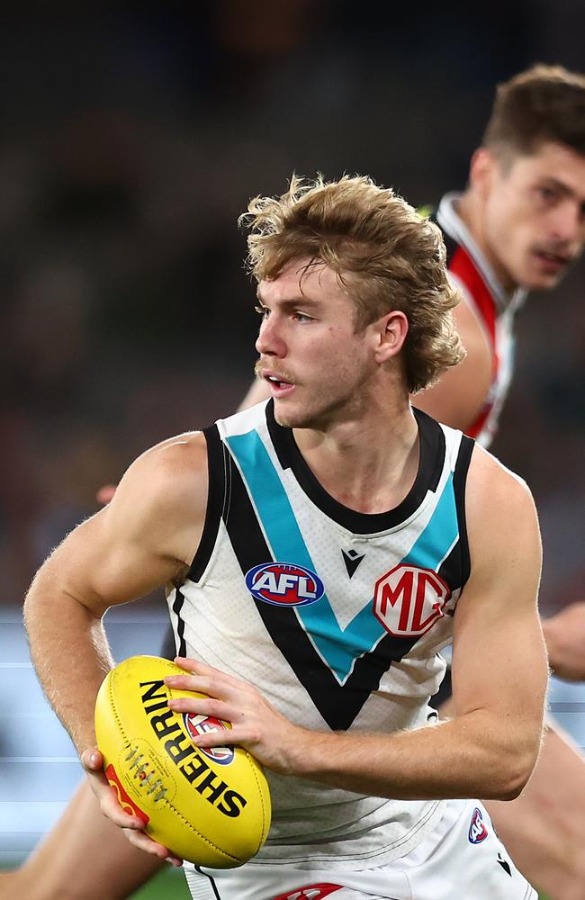 Jason Horne-Francis of the Power in action against St Kilda. Picture: Graham Denholm/AFL Photos/via Getty Images.