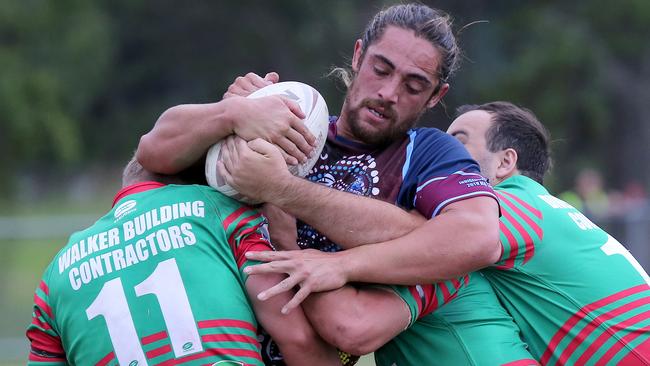 Three Jets defenders bring Ormeau second-rower Parahi Wilson to a halt. Picture: Mike Batterham