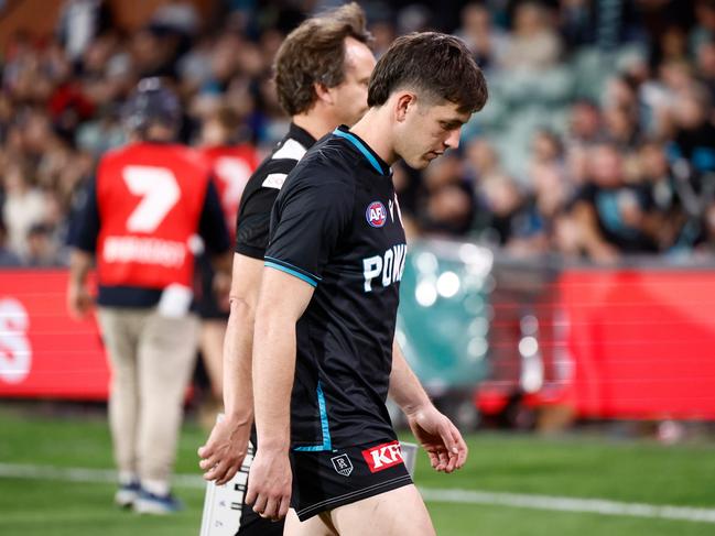 Butters avoided serious injury in the clash but was still taken to hospital. Picture: Michael Willson/AFL Photos via Getty Images.