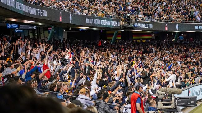 There’ll be none of this when crowds return to Marvel Stadium for the AFL. Picture: AAP