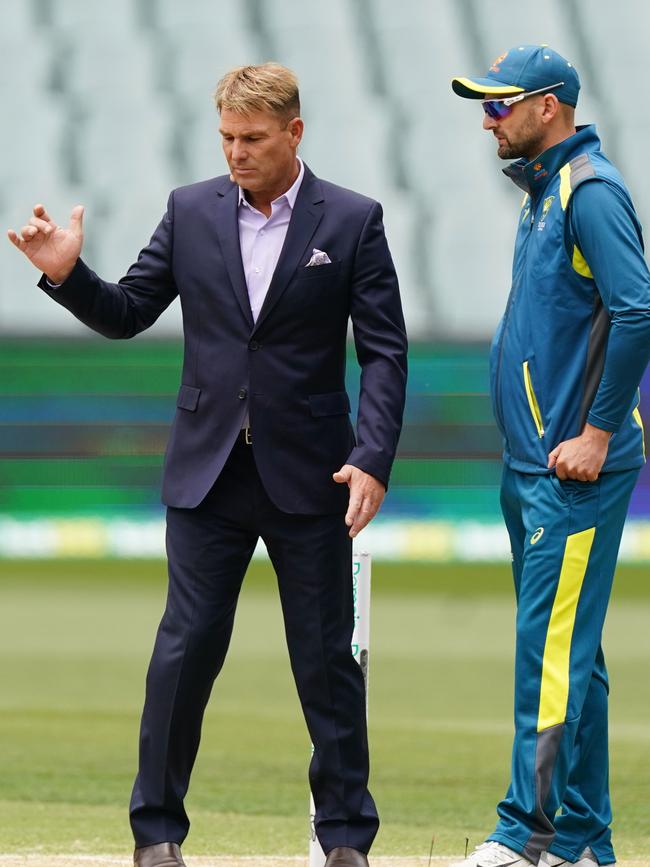 Shane Warne speaks with Nathan Lyon of Australia before Day 4 of the second Test Match between Australia and Pakistan at the Adelaide Oval in Adelaide, Monday, December 2, 2019.