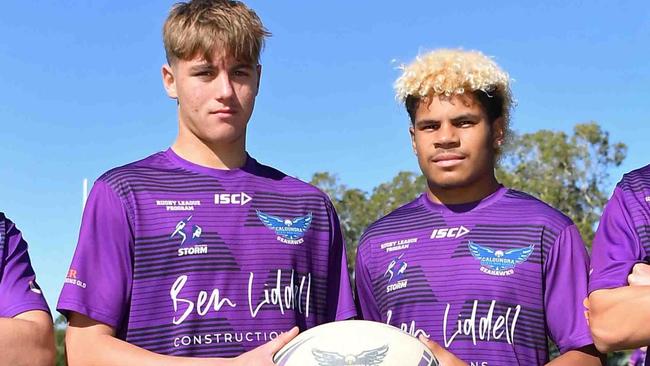 Caloundra State High School rugby league players Keagan Zanchetta and Ellyjah Birve. Picture: Patrick Woods.