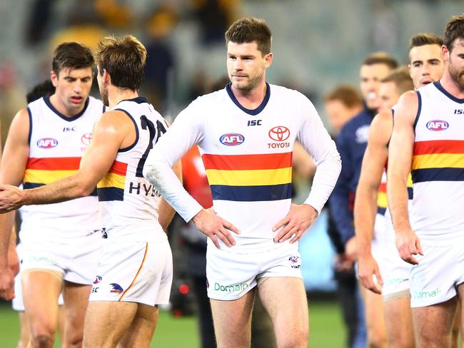 MELBOURNE, AUSTRALIA - JUNE 16:  Bryce Gibbs of the Crows walks off at half time during the round 13 AFL match between the Hawthorn Hawks and the Adelaide Crows at Melbourne Cricket Ground on June 16, 2018 in Melbourne, Australia.  (Photo by Michael Dodge/Getty Images)