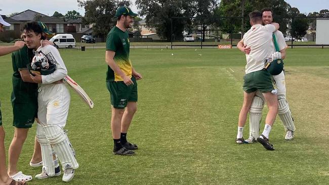 Aaron Crispe and Max Mikedis celebrate Northcote's win.