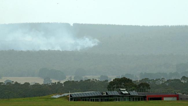 A bushfire burns southeast of Rosedale on Saturday. Picture: Mark Stewart