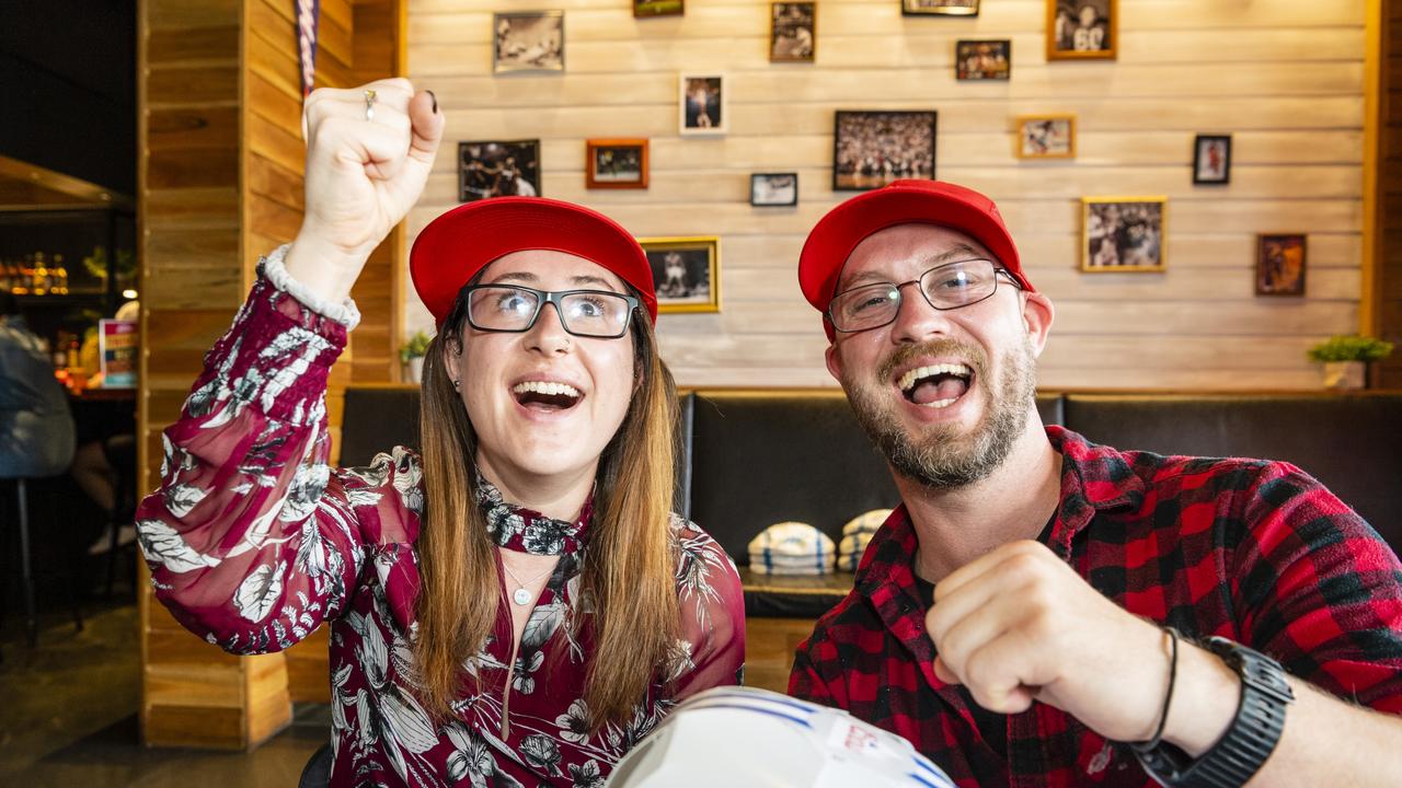 Molly Hall and Tom Redmond watch the NFL Super Bowl at Tailgate Sports Bar, Monday, February 14, 2022. Picture: Kevin Farmer