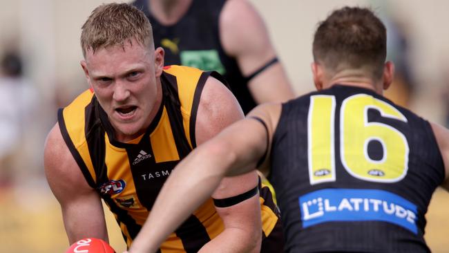 James Sicily had a tough day against the Tigers. Picture: Grant Viney