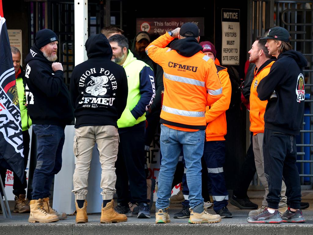 CFMEU members pictured outside Cross River Rail sites earlier this year. Picture David Clark