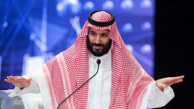 Saudi Crown Prince, Mohammed bin Salman addresses the Future Investment Initiative conference, in Riyadh, Saudi Arabia, Wednesday, Oct. 24, 2018. The Crown Prince addressed the summit on Wednesday, his first such comments since the killing earlier this month of Washington Post columnist Jamal Khashoggi at the Saudi Consulate in Istanbul. (Saudi Press Agency via AP)