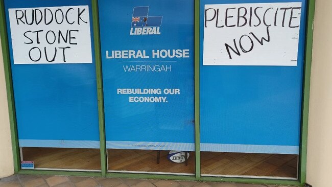 A photographic image purporting to show graffiti on the Liberal Party's office in Sydney Rd, Balgowlah, on March 25, 2022. The graffiti image, calling on a delayed Liberal Party preselection vote to chose a candidate in the federal electorate of Warringah to be held immediately and for senior NSW Liberal Party figures to resign, has been circulating through Liberal party circles within the electorate. Picture: Supplied