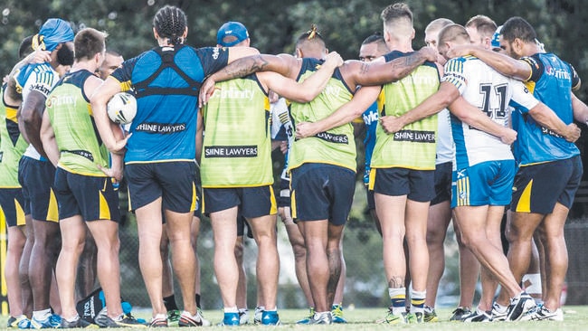 The Eels players come together after finding out their punishment. Pic: Twitter @TheParraEels