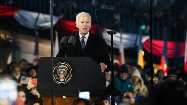 Joe Biden delivers a speech at the Royal Castle Arcades in Warsaw, Poland. Picture: Getty Images.